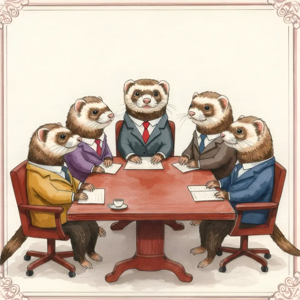 Five anthropomorphic ferrets wearing suits sitting around an office table in a meeting, generated with Imagen 3