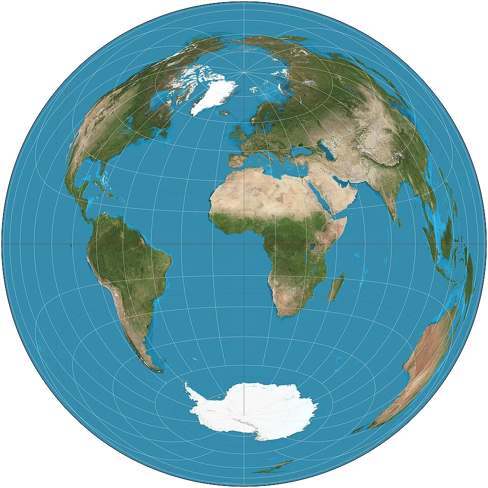 A 180 degree Lambert azimuthal projection: a circular map projection that preserves area at the cost of severely squishing and stretching landmasses further from the center