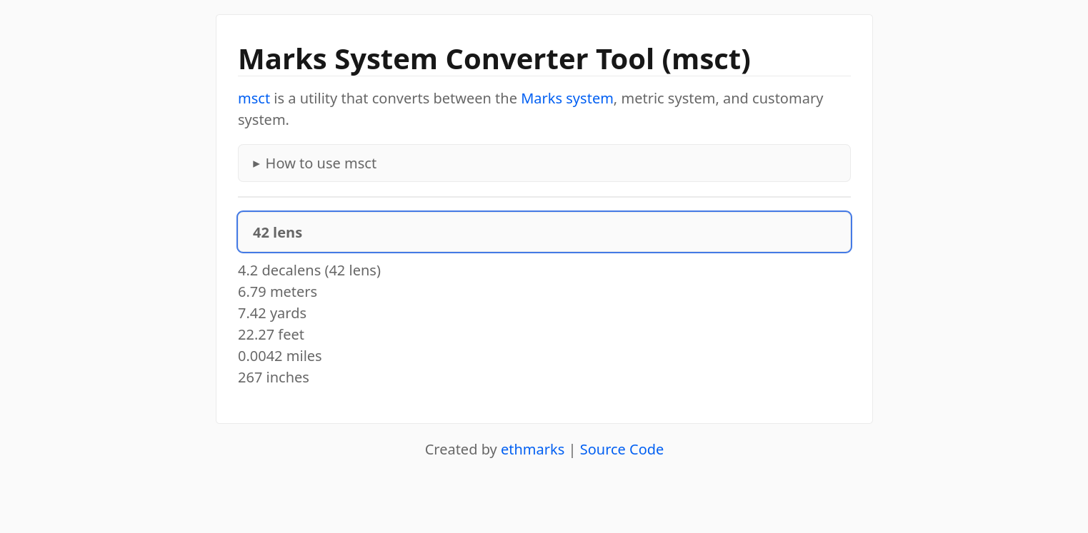 A screenshot of msct with the input '42 lens' and six conversions, including '4.2 decalens (42 lens)', '6.79 meters', and '7.42 yards'