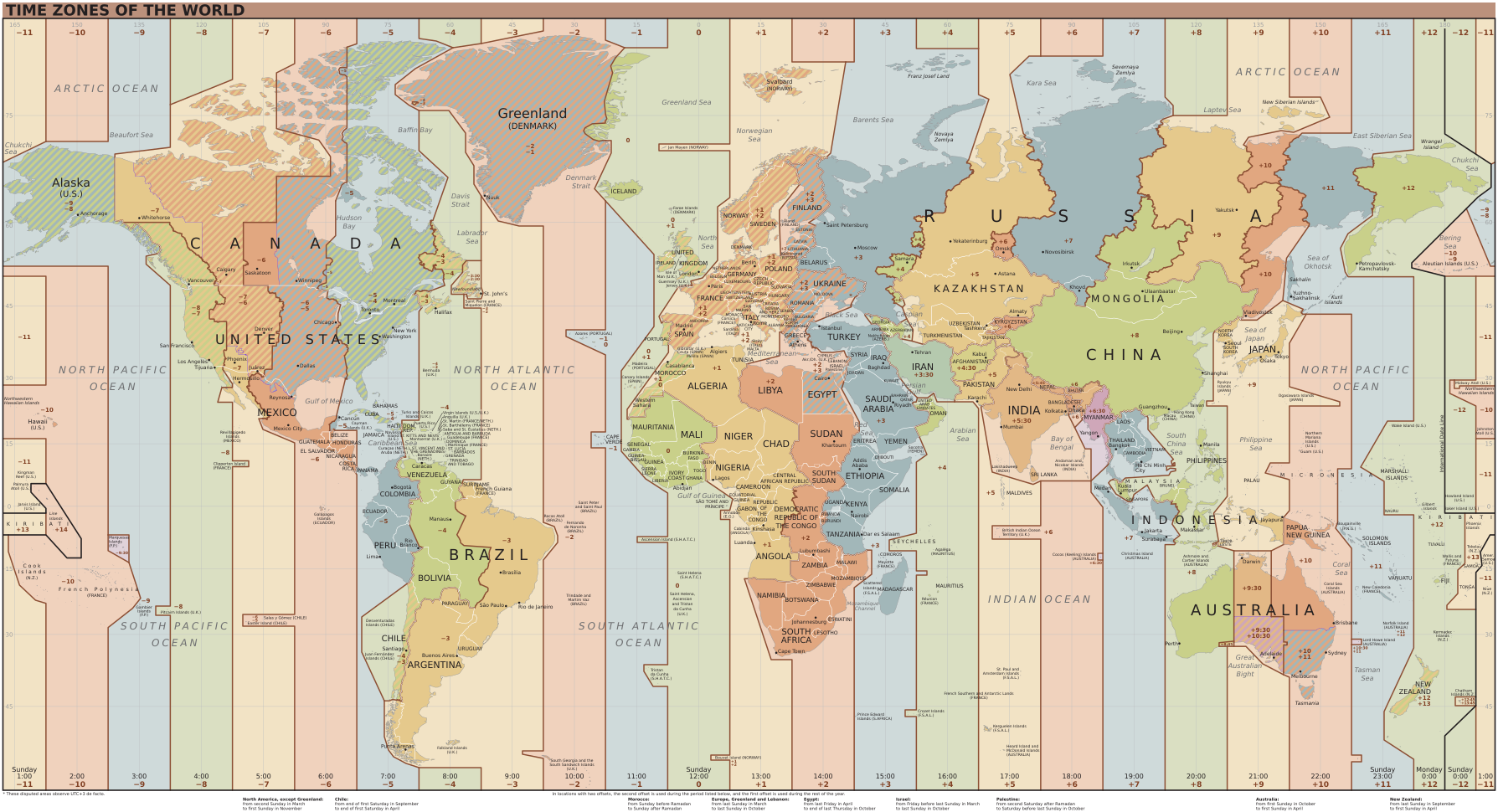 Map of current de facto time zones