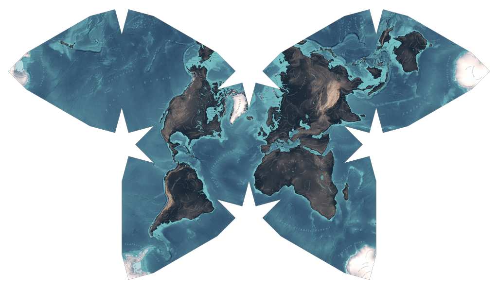 The Waterman Butterfly map: an unusual world map in a butterfly shape, showing the continents arranged in eight connected lobes