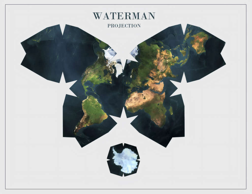 An alternate version of a Waterman map, with Antarctica detached from the main butterfly