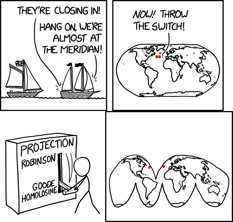 An xkcd comic demonstrating how split map projections can make close distances appear to be far away